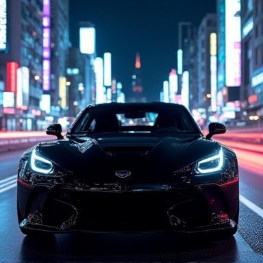 光沢のある黒い車と東京の夜景