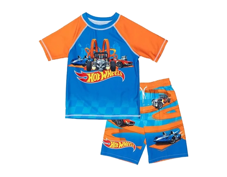 Hot Wheels UPF 50+ Pullover Rash Guard and Swim Trunks Outfit Set Toddler to Big Kid
